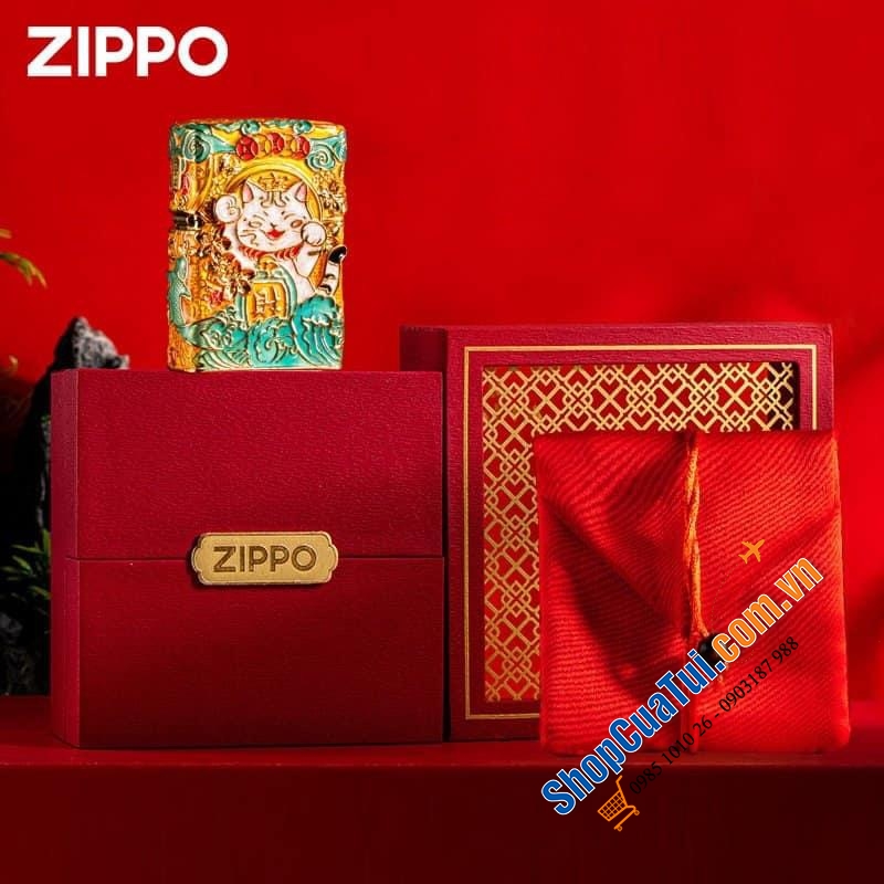 Bật lửa Zippo Mèo Thần Tài Dạ Quang, phát sáng giữa đêm tối - Made in USA - Vỏ hộp sang chảnh