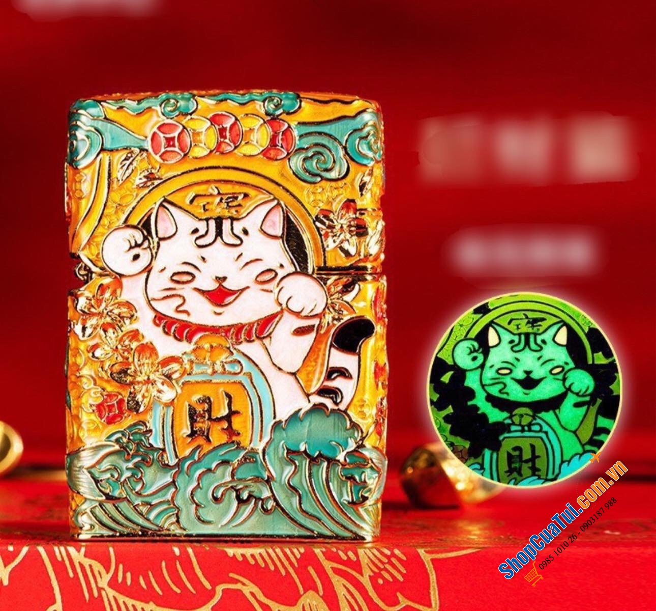 Bật lửa Zippo Mèo Thần Tài Dạ Quang, phát sáng giữa đêm tối - Made in USA - Vỏ hộp sang chảnh