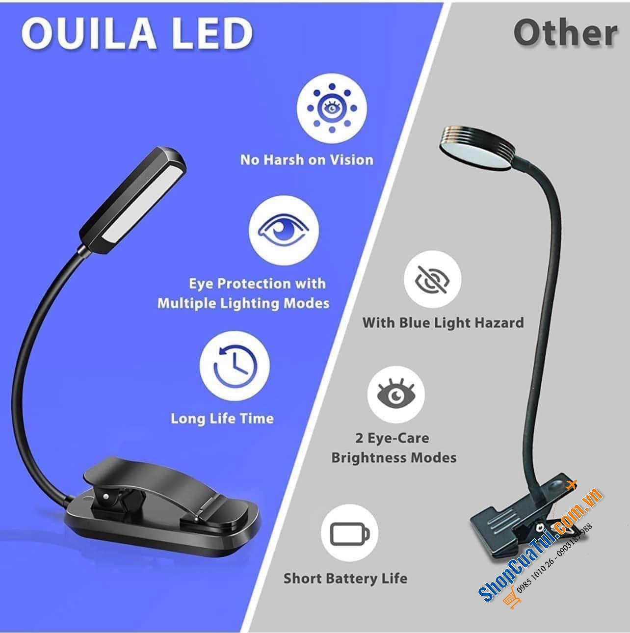 ĐÈN ĐỌC SÁCH OUILA - Đèn đọc sách cổ ngỗng mini OUILA nhỏ gọn với 6 đèn led, 3 chế độ ánh sáng