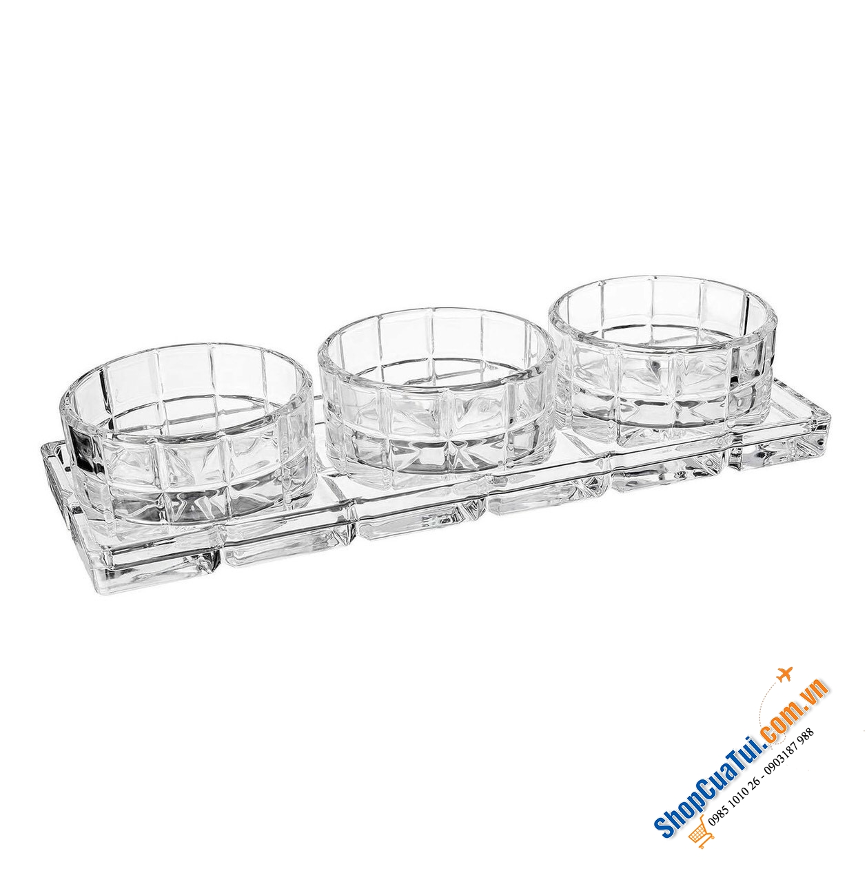 SET GIA VỊ 4 MÓN GODINGER Radius Relish bằng pha lê - gồm 3 bát tròn và 1 khay chữ nhật phù hợp đựng gia vị, nước chấm, đồ tráng miệng