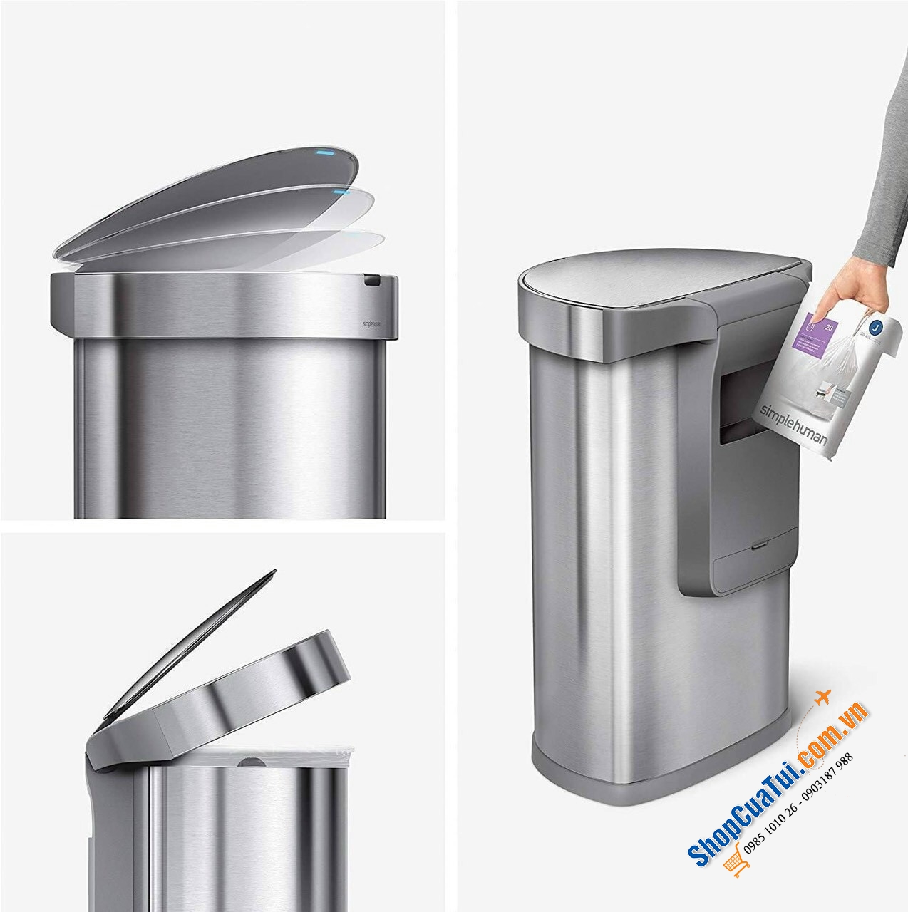 Thùng rác cảm ứng kháng khuẩn 45l Simplehuman  - đơn giản mở tự động chỉ bằng một cái vẫy tay