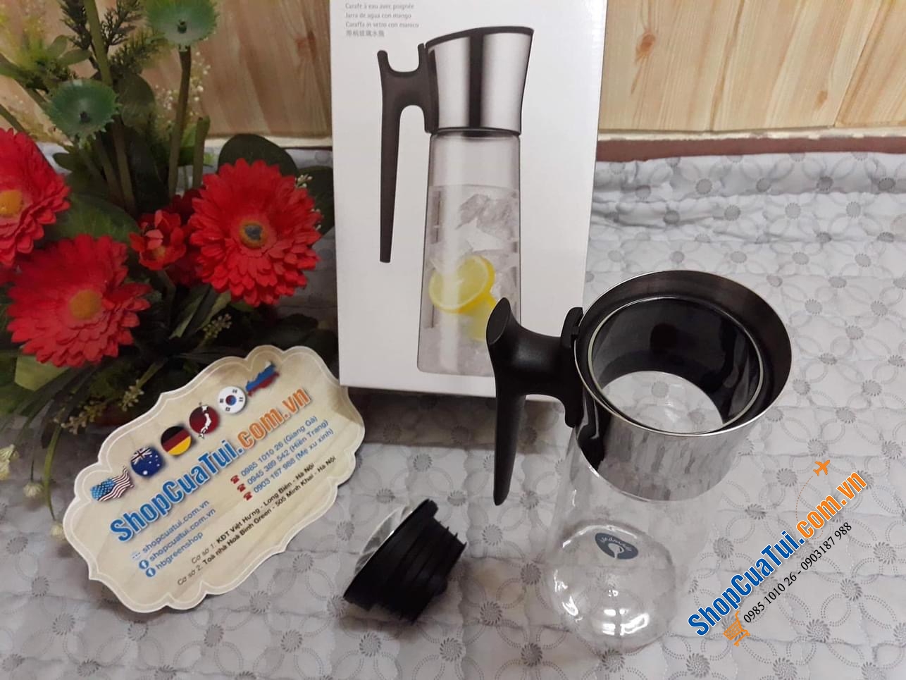 BÌNH NƯỚC THUỶ TINH WMF BASIC 1,5 L CÓ TAY CẦM.