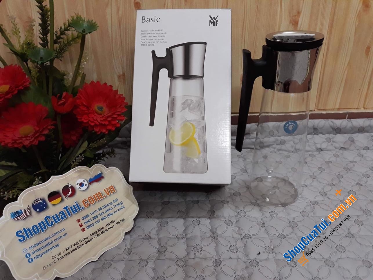 BÌNH NƯỚC THUỶ TINH WMF BASIC 1,5 L CÓ TAY CẦM.