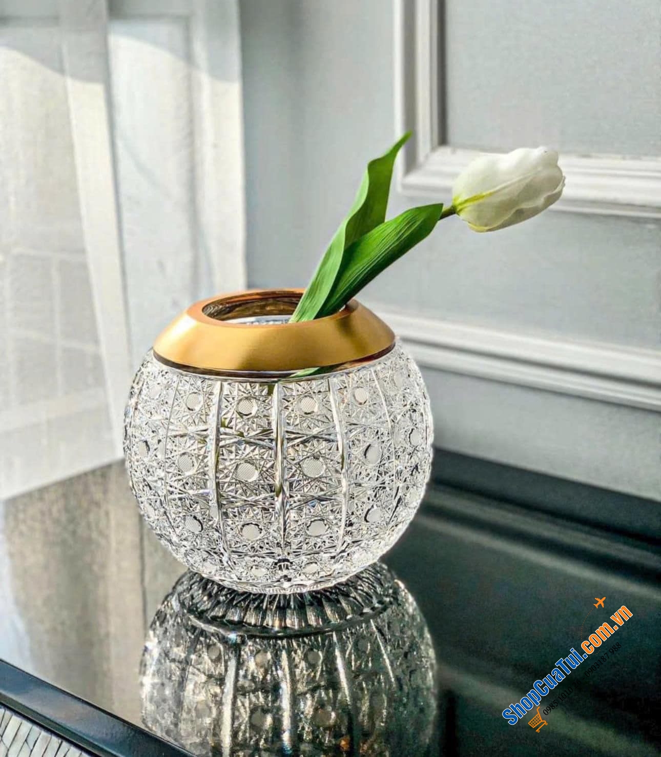 Lọ hoa pha lê cầu Bohemia đường kính 20.5cm Mẫu mạ vàng 24k