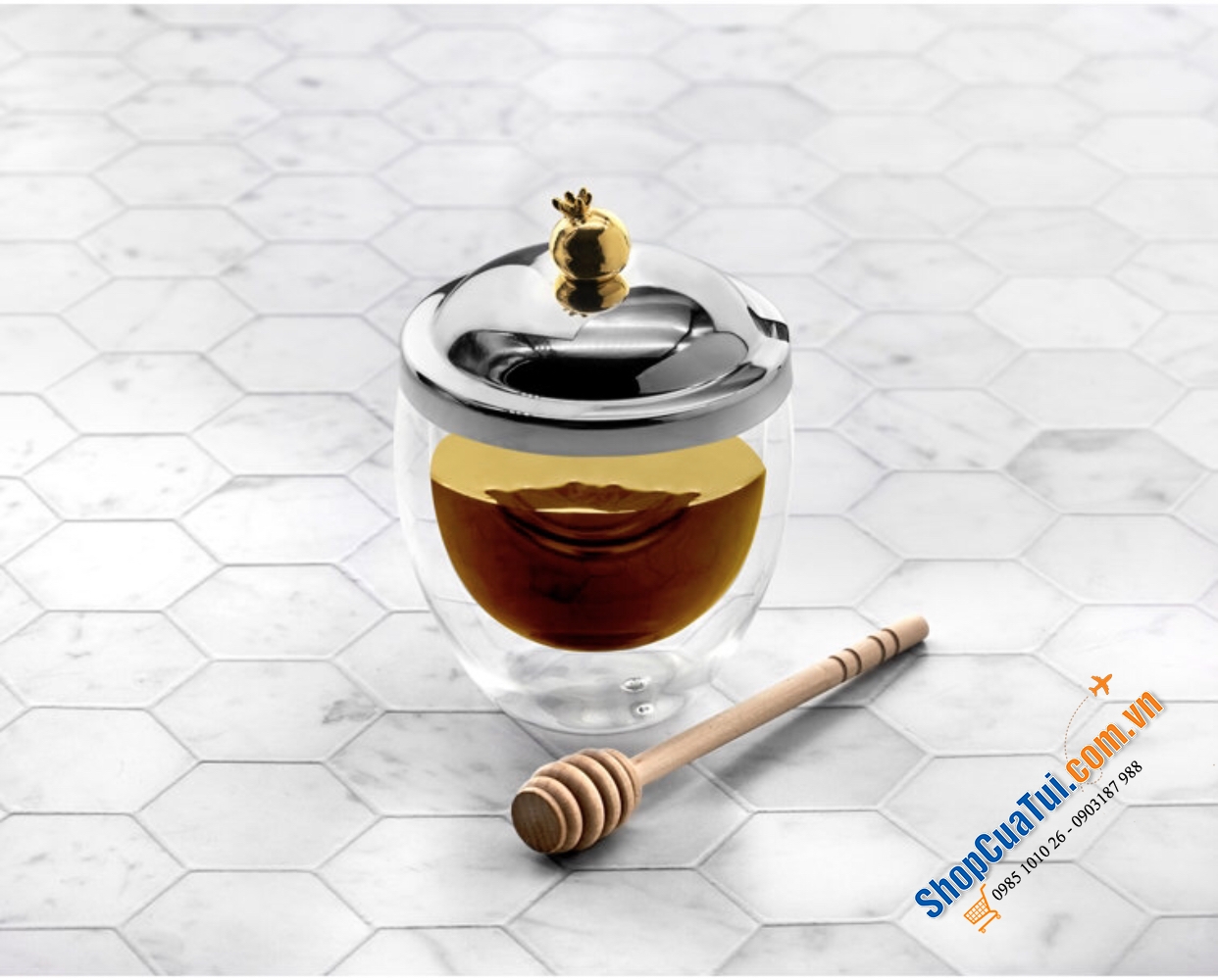 Hũ mật ong thủy tinh 2 lớp Godinger Pomegranate 10cm