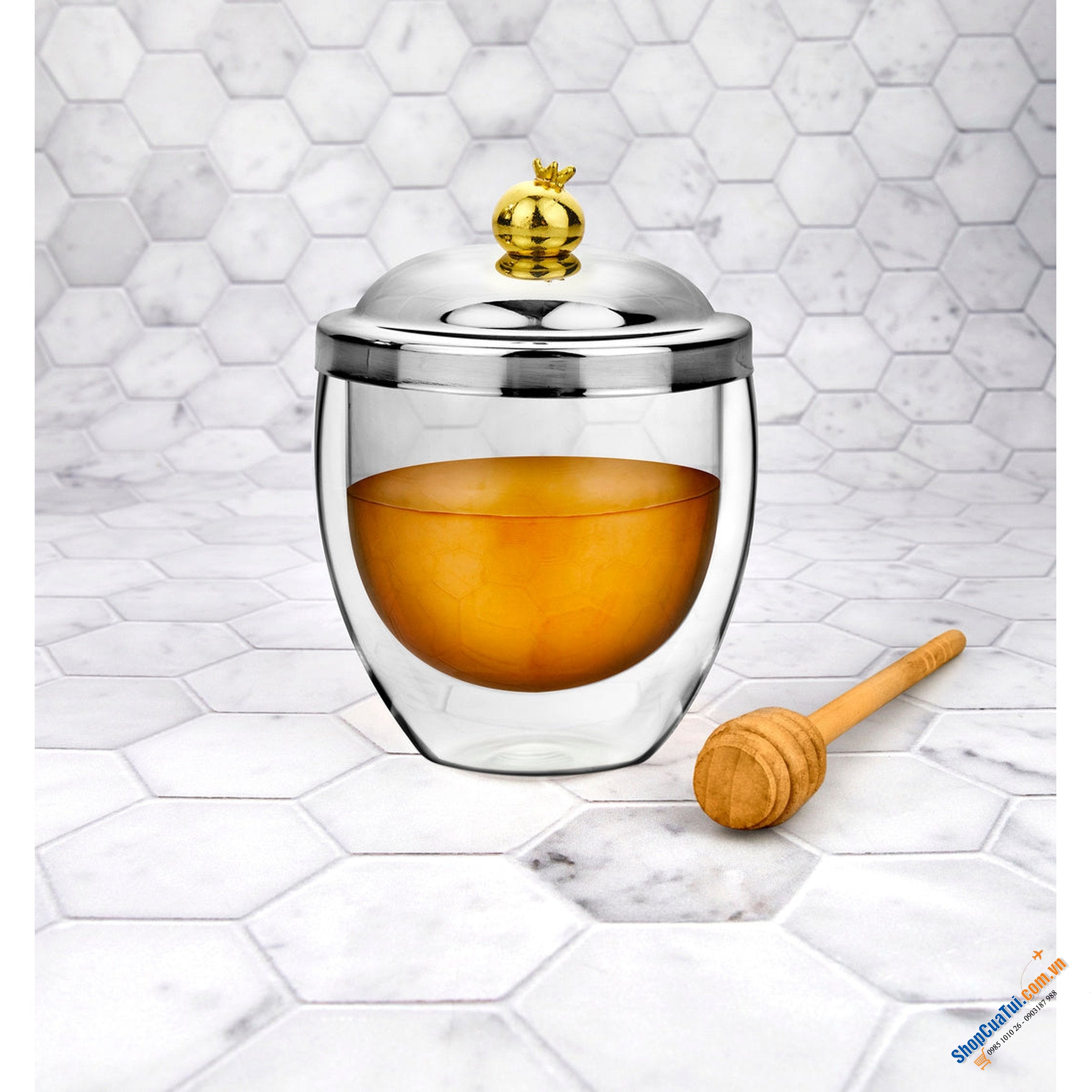 Hũ mật ong thủy tinh 2 lớp Godinger Pomegranate 10cm