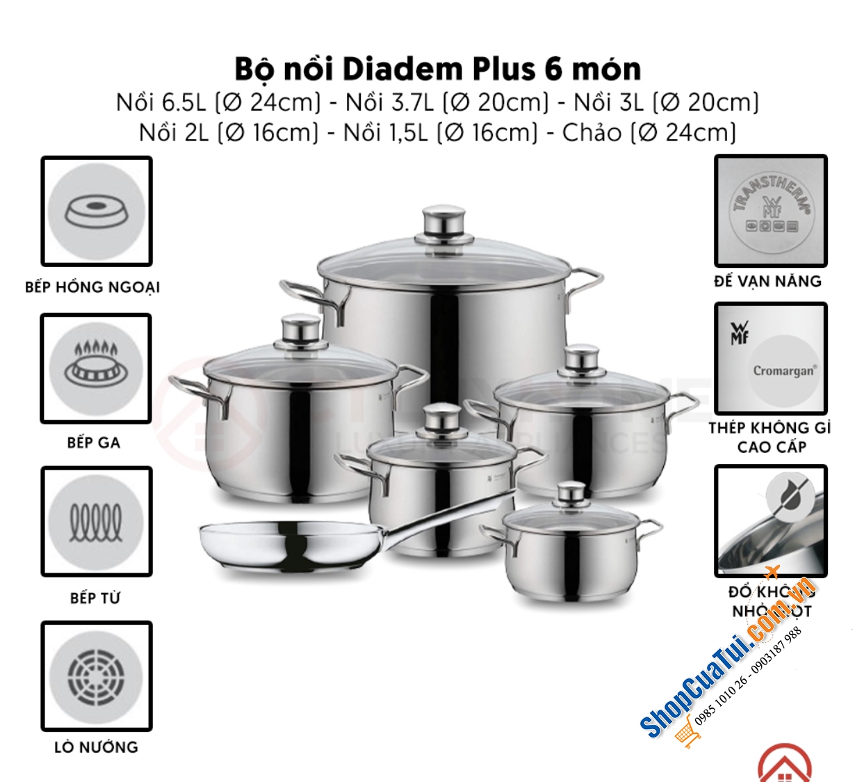 Bộ nồi WMF Diadem Plus 6 món 5 nồi 1 chảo - Chuẩn sang trọng, thanh lịch