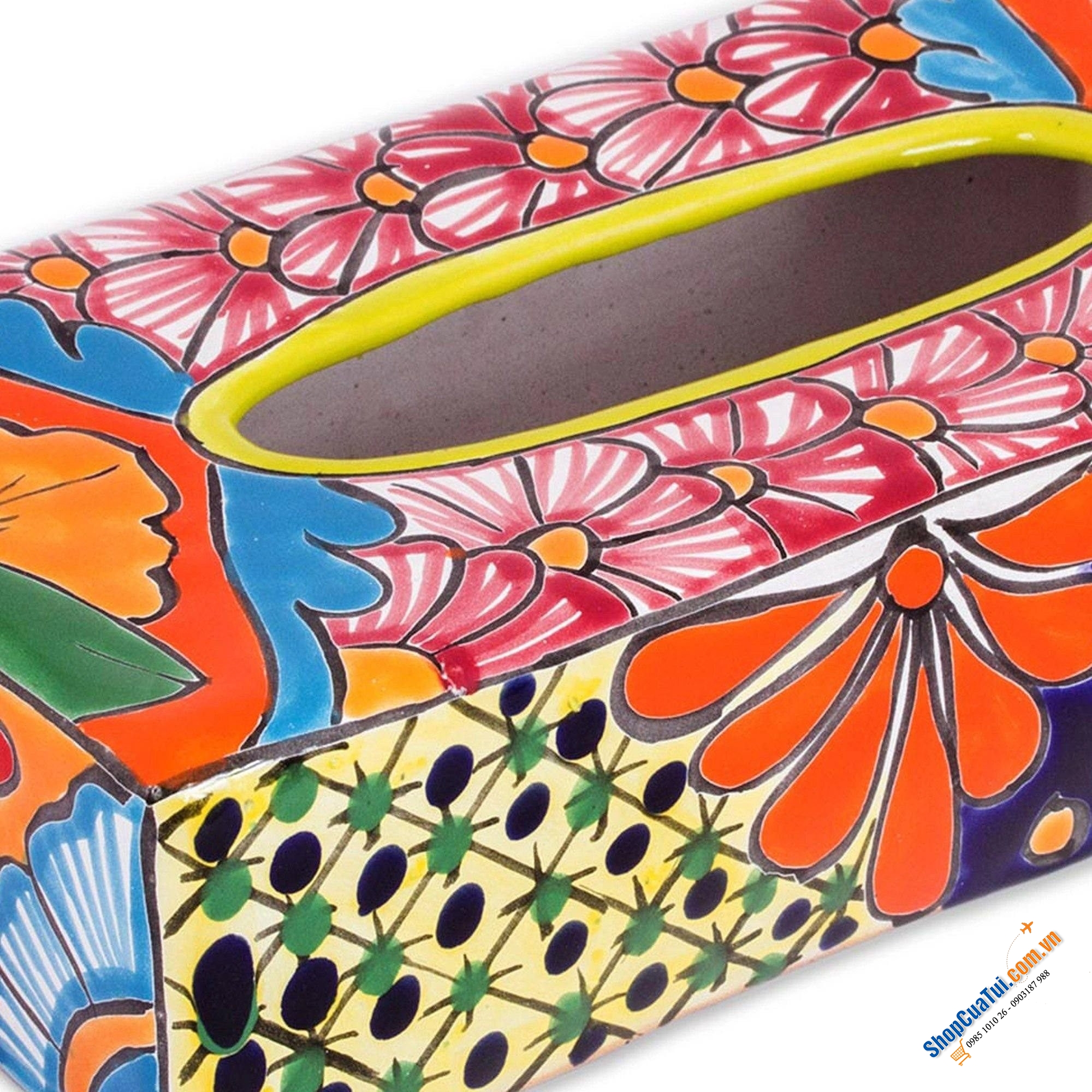 Hộp đựng khăn giấy bằng gốm sứ thủ công Handmade Talavera loại chữ nhật - Made in Mexico - Đựng giấy