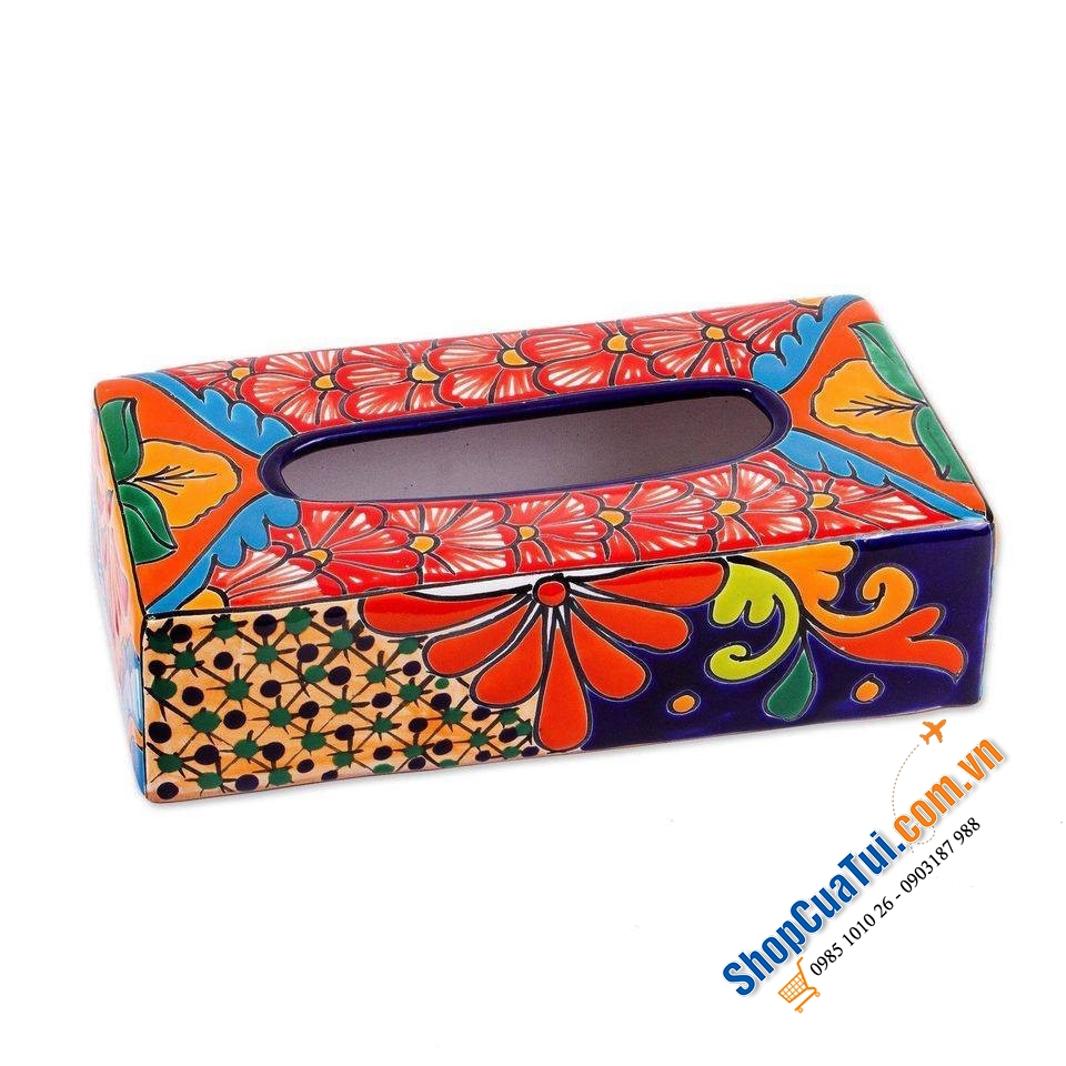 Hộp đựng khăn giấy bằng gốm sứ thủ công Handmade Talavera loại chữ nhật - Made in Mexico - Đựng giấy