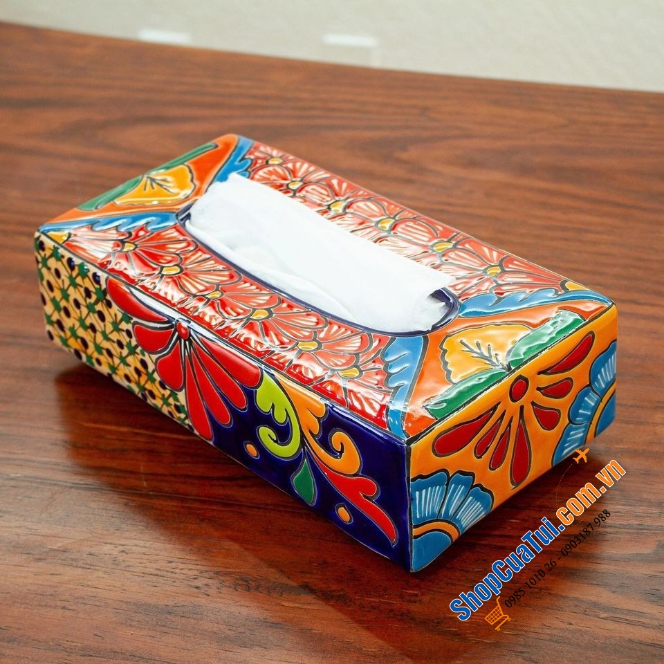 Hộp đựng khăn giấy bằng gốm sứ thủ công Handmade Talavera loại chữ nhật - Made in Mexico - Đựng giấy
