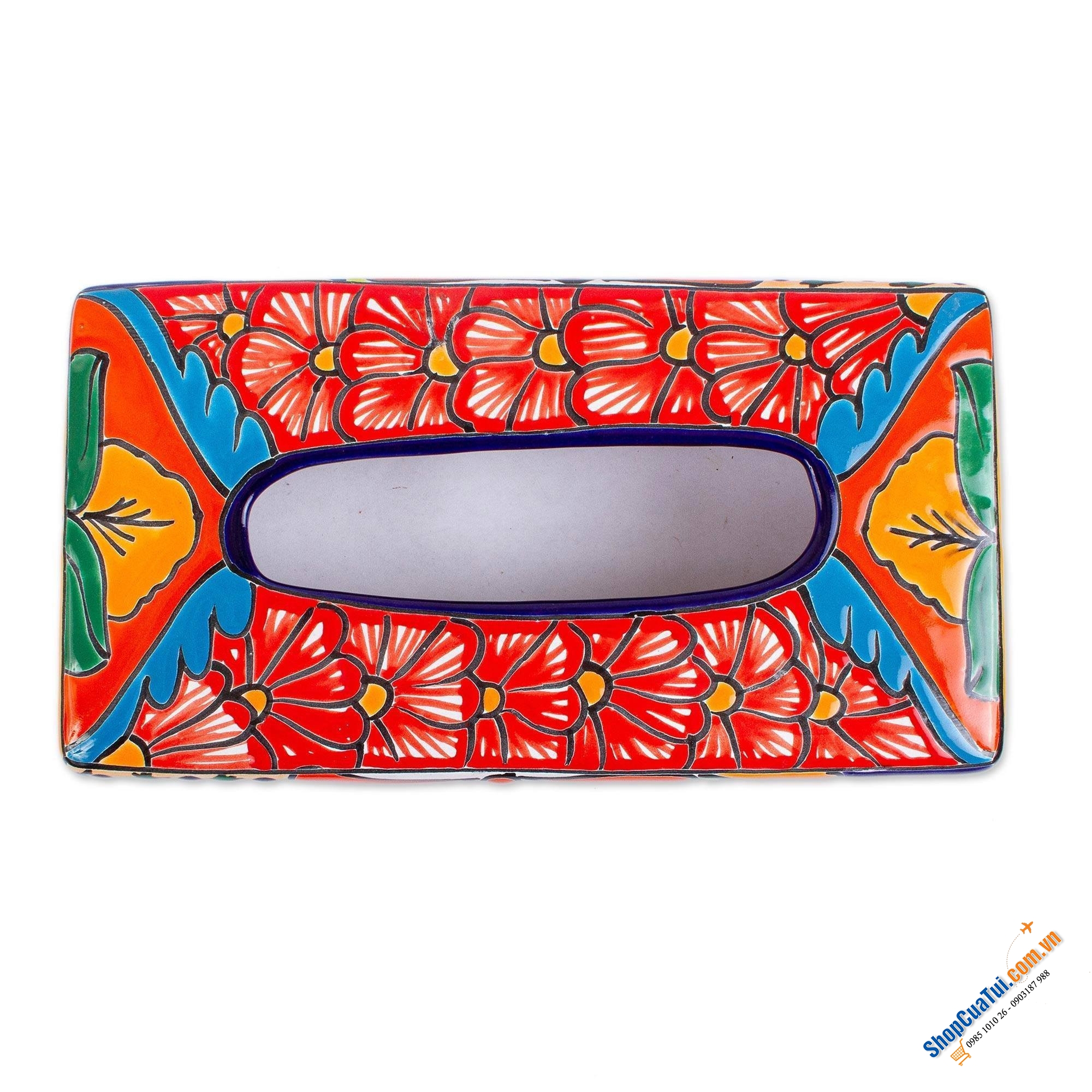 Hộp đựng khăn giấy bằng gốm sứ thủ công Handmade Talavera loại chữ nhật - Made in Mexico - Đựng giấy
