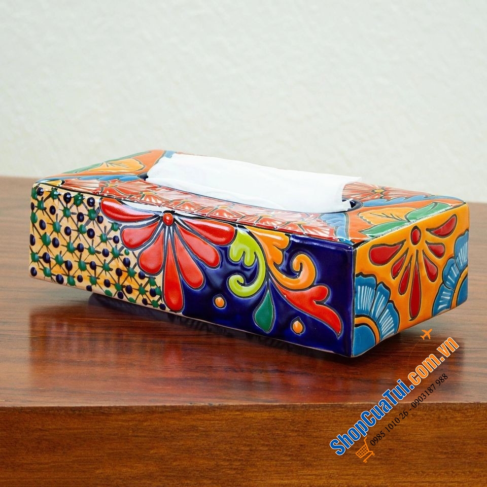 Hộp đựng khăn giấy bằng gốm sứ thủ công Handmade Talavera loại chữ nhật - Made in Mexico - Đựng giấy