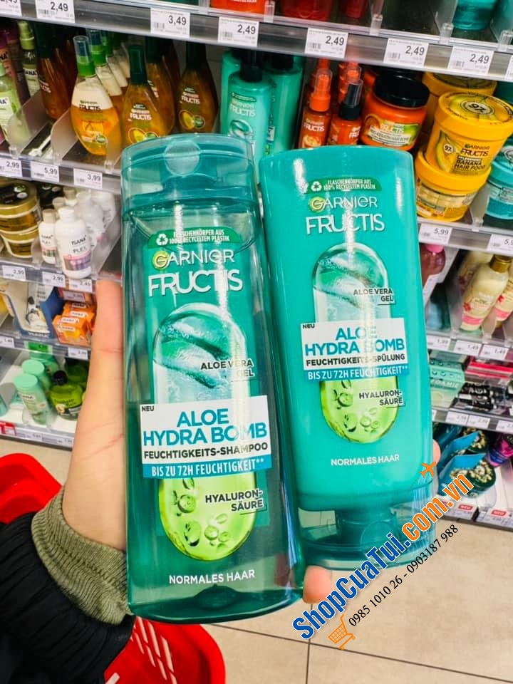 Dầu gội 250ml và dầu xả 200ml GARNIER FRUCTIS ALOE HYDRA BOM 250ml NHA ĐAM.