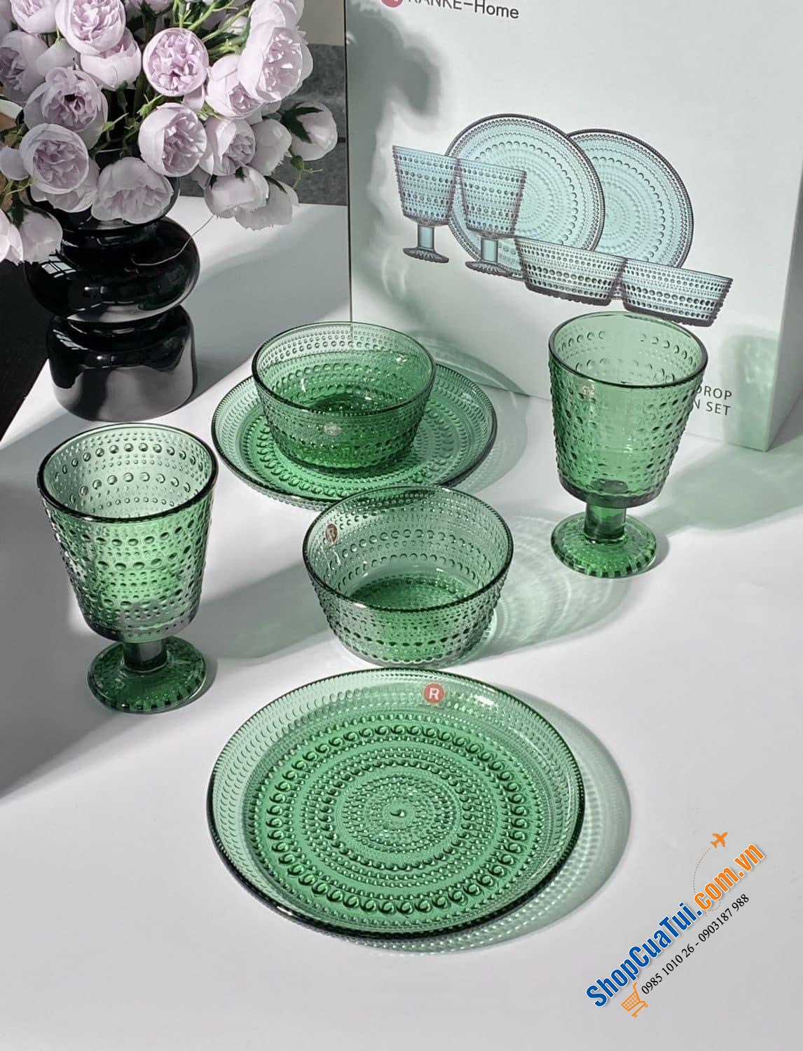 Set 6 món gồm 2 đĩa, 2 bát, 2 ly Ranke Home EU màu xanh ngọc bích