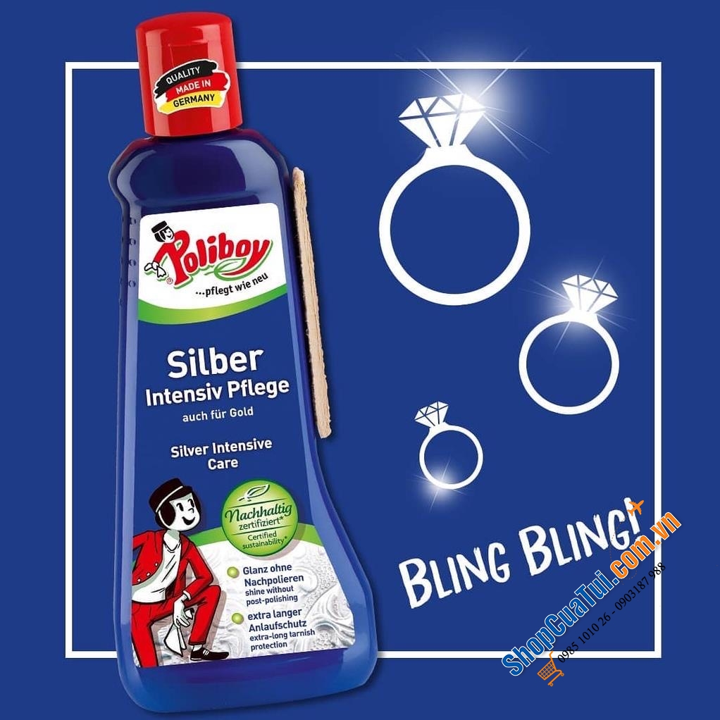 DUNG DỊCH LAU VÀNG BẠC POLIBOY Silber Intensiv Pflege 200 ml của ĐỨC -  làm sạch, chăm sóc đồ trang sức sáng bóng, không bị xỉn mầu