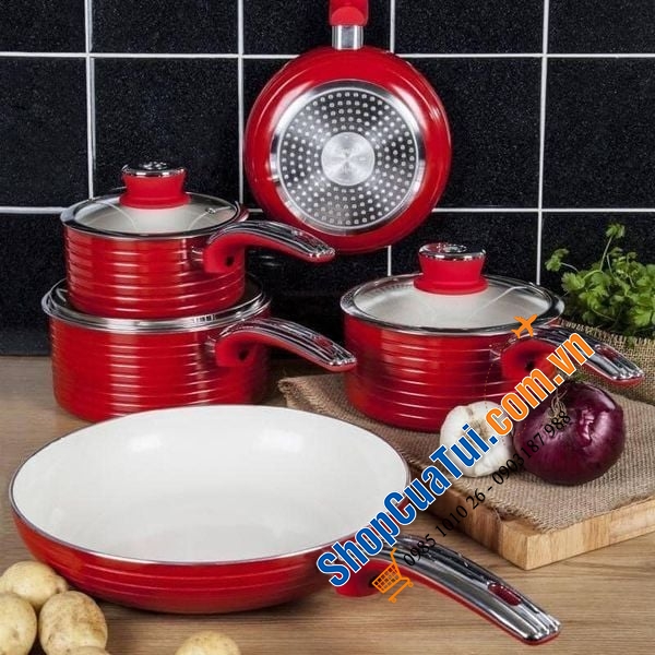 Bộ 5 món nồi chảo Swan màu đỏ siêu đẹp, nấu được mọi loại bếp kể cả bếp từ