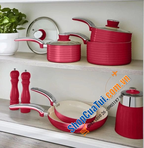 Bộ 5 món nồi chảo Swan màu đỏ siêu đẹp, nấu được mọi loại bếp kể cả bếp từ