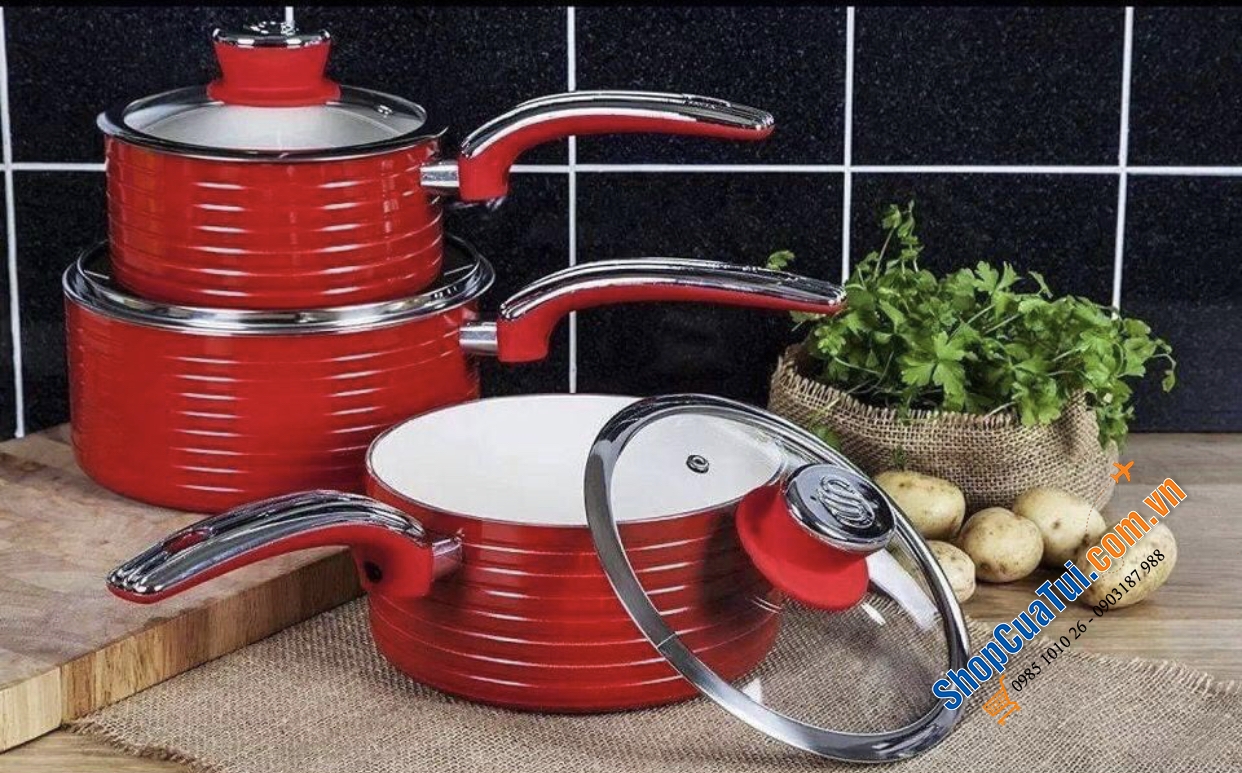 Bộ 5 món nồi chảo Swan màu đỏ siêu đẹp, nấu được mọi loại bếp kể cả bếp từ