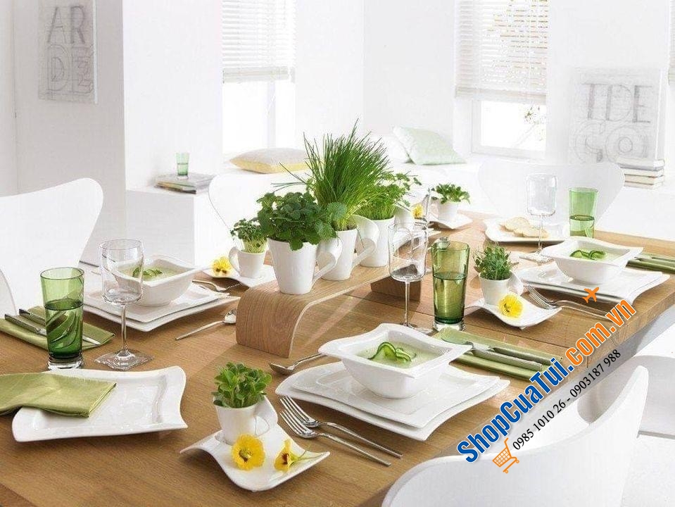 Sét đĩa cốc 12 món Villeroy Boch New Wave - Made in Germany - gồm 4 đĩa phục vụ, 4 đĩa salat & 4 cốc