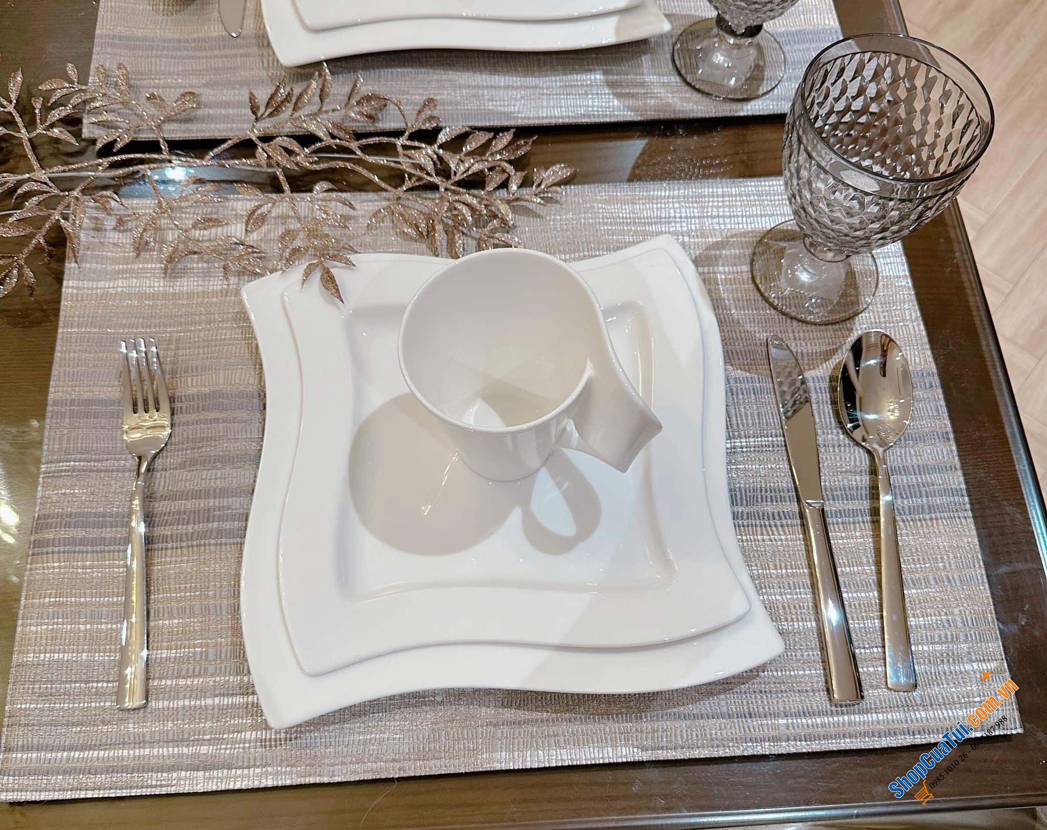 Sét đĩa cốc 12 món Villeroy Boch New Wave - Made in Germany - gồm 4 đĩa phục vụ, 4 đĩa salat & 4 cốc