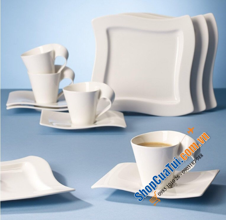 Sét đĩa cốc 12 món Villeroy Boch New Wave - Made in Germany - gồm 4 đĩa phục vụ, 4 đĩa salat & 4 cốc
