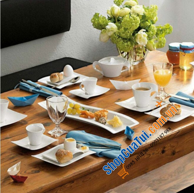 Sét đĩa cốc 12 món Villeroy Boch New Wave - Made in Germany - gồm 4 đĩa phục vụ, 4 đĩa salat & 4 cốc