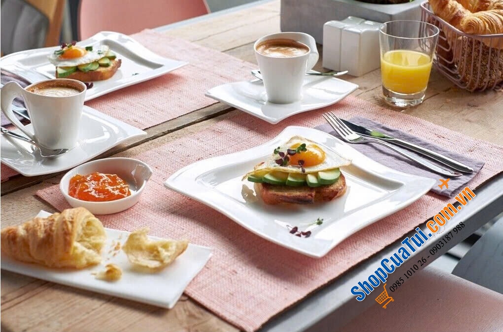 Sét đĩa cốc 12 món Villeroy Boch New Wave - Made in Germany - gồm 4 đĩa phục vụ, 4 đĩa salat & 4 cốc