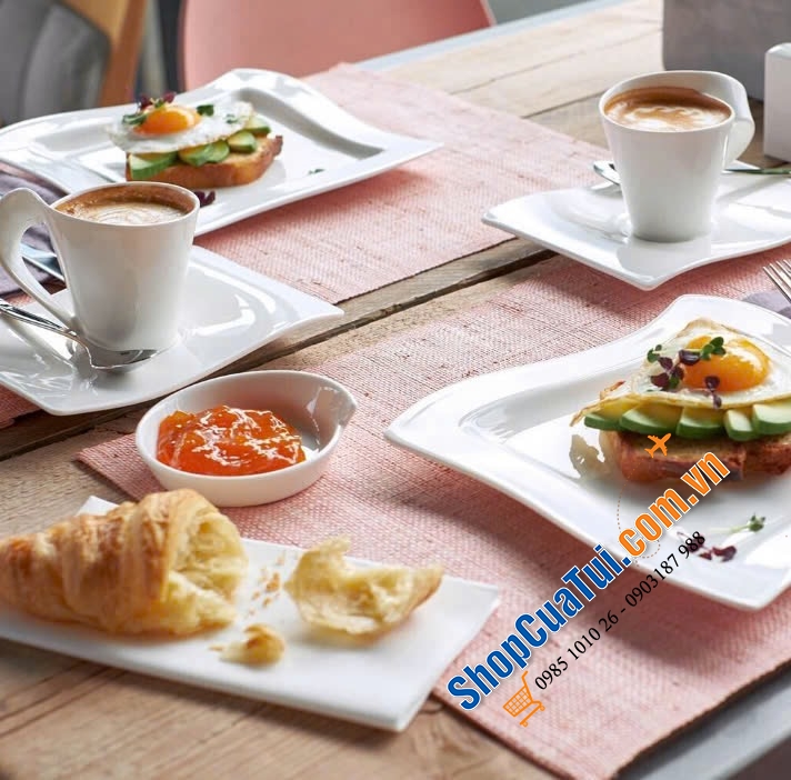 Sét đĩa cốc 12 món Villeroy Boch New Wave - Made in Germany - gồm 4 đĩa phục vụ, 4 đĩa salat & 4 cốc