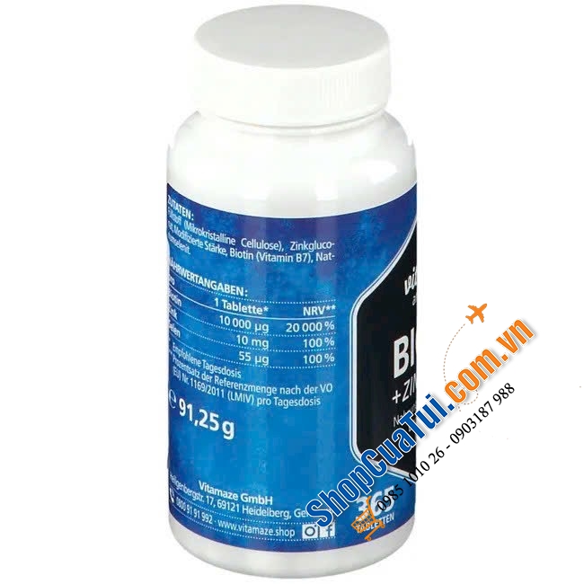 Viên uống bổ sung Biotin, selen và kẽm ngăn rụng tóc, đẹp da, chắc móng, kích thích mọc tóc Vitamaze Biotin 10000 mcgramm + Selen Zink - made in Germany
