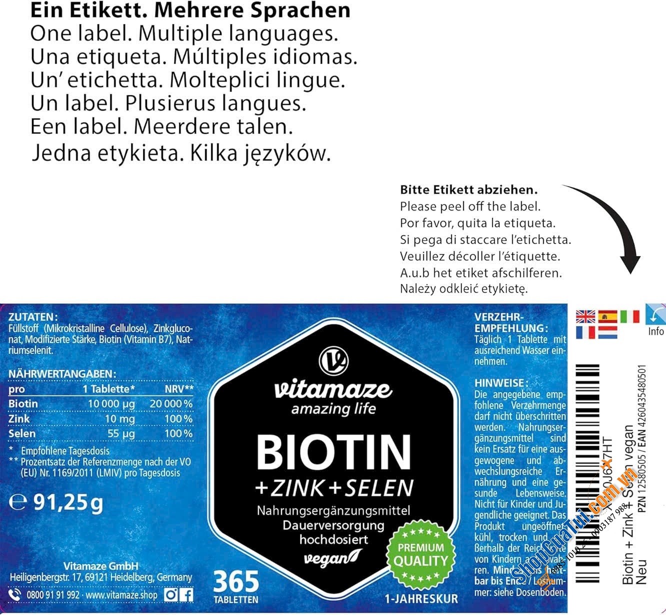 Viên uống bổ sung Biotin, selen và kẽm ngăn rụng tóc, đẹp da, chắc móng, kích thích mọc tóc Vitamaze Biotin 10000 mcgramm + Selen Zink - made in Germany