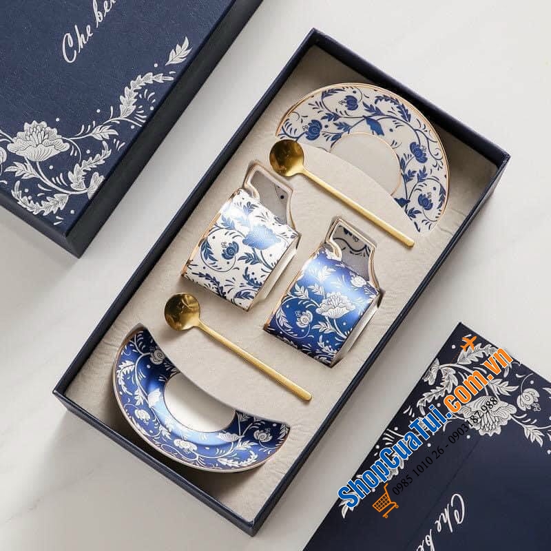 SET 2 TÁCH 2 ĐĨA TRÀ CHIỀU KÈM THÌA VÀNG CAO CẤP UK TEMPI - mỗi cặp đĩa tách 1 họa tiết khác nhau, siêu đẹp