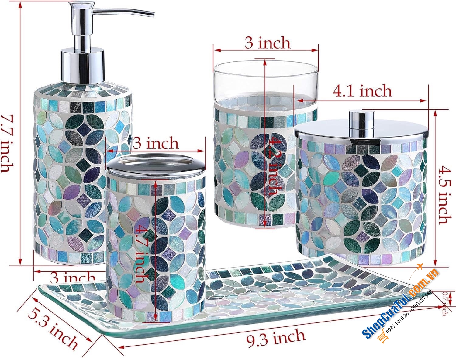 Sét đồ dùng nhà vệ sinh 5 món WHOLE HOUSEWARES sang trọng, thanh lịch - MÀU XANH