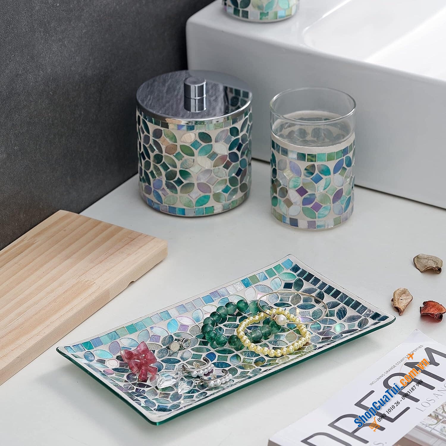 Sét đồ dùng nhà vệ sinh 5 món WHOLE HOUSEWARES sang trọng, thanh lịch - MÀU XANH