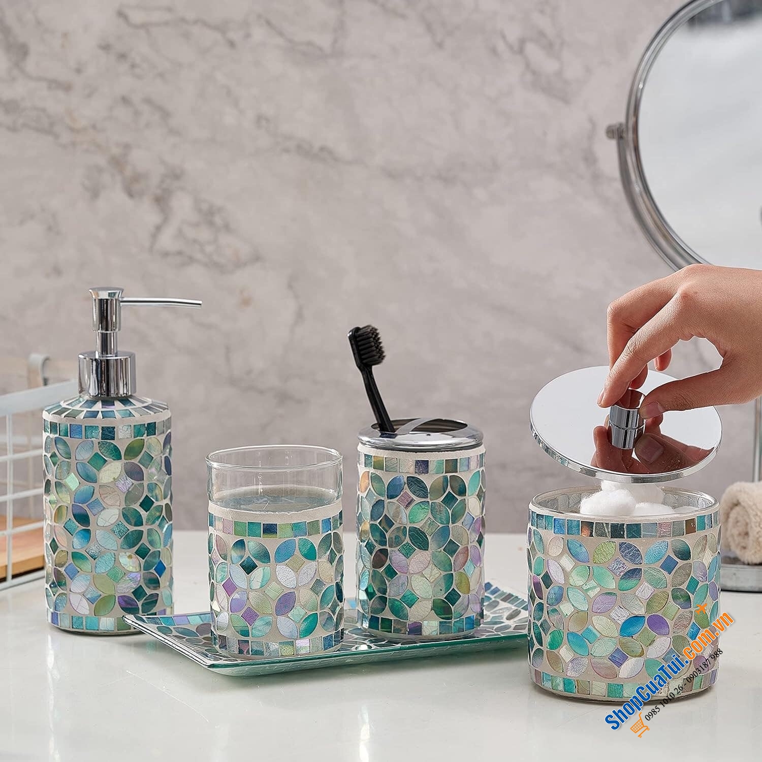 Sét đồ dùng nhà vệ sinh 5 món WHOLE HOUSEWARES sang trọng, thanh lịch - MÀU XANH
