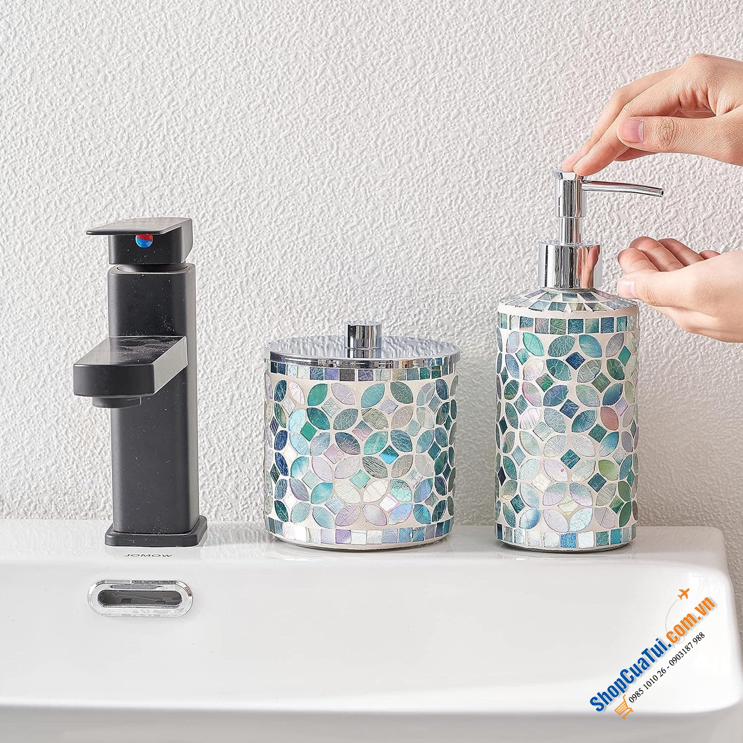 Sét đồ dùng nhà vệ sinh 5 món WHOLE HOUSEWARES sang trọng, thanh lịch - MÀU XANH