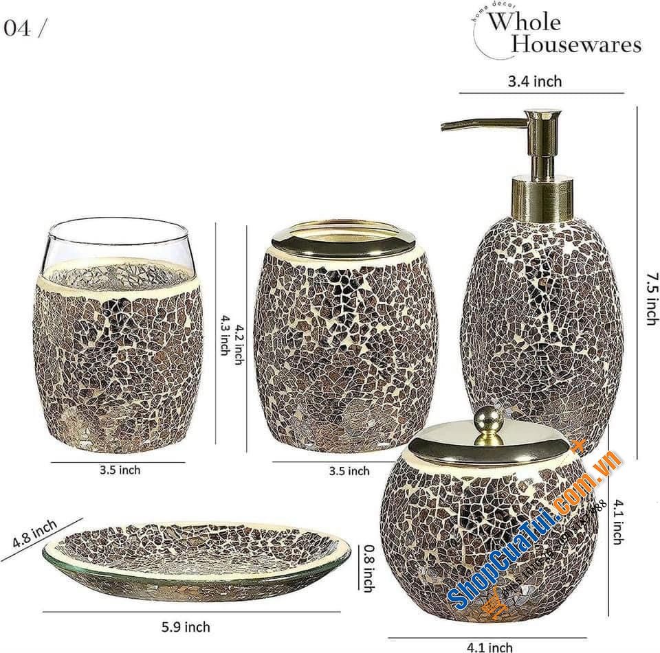 Sét đồ dùng nhà vệ sinh 5 món WHOLE HOUSEWARES sang trọng, thanh lịch - MÀU VÀNG