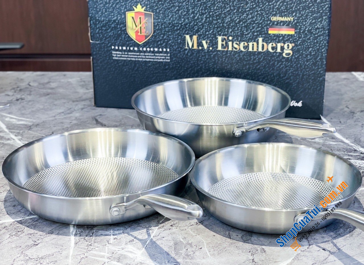 CHẢO THÉP TỔ ONG THÀNH CAO EISENBERG GERMANY - ĐÚC LIỀN 3 đáy chống cháy, chống dính tự thân -  có 3 SIZE: 24cm + 28cm và Sâu lòng 28cm