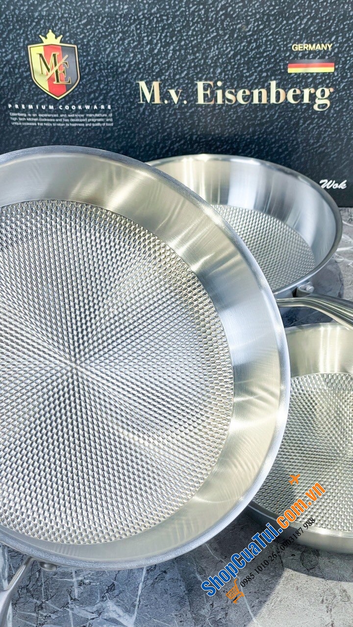 CHẢO THÉP TỔ ONG THÀNH CAO EISENBERG GERMANY - ĐÚC LIỀN 3 đáy chống cháy, chống dính tự thân -  có 3 SIZE: 24cm + 28cm và Sâu lòng 28cm