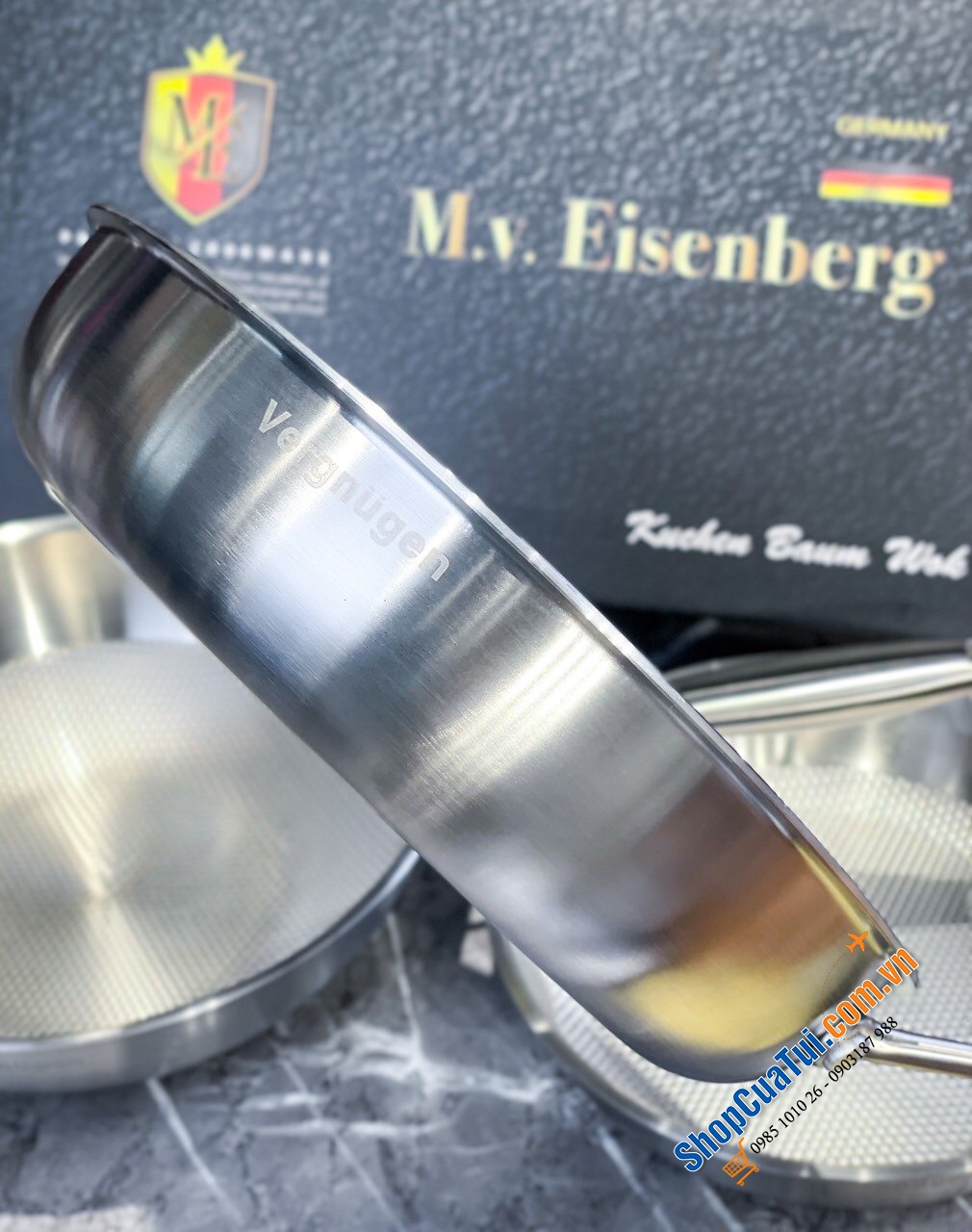 CHẢO THÉP TỔ ONG THÀNH CAO EISENBERG GERMANY - ĐÚC LIỀN 3 đáy chống cháy, chống dính tự thân -  có 3 SIZE: 24cm + 28cm và Sâu lòng 28cm