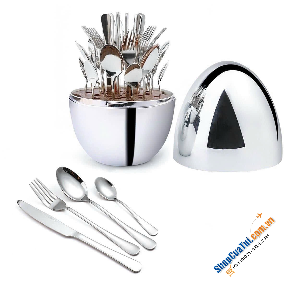 BỘ DAO THÌA DĨA 24 MÓN HÌNH QUẢ TRỨNG MOOD GIFT màu inox, màu đồng