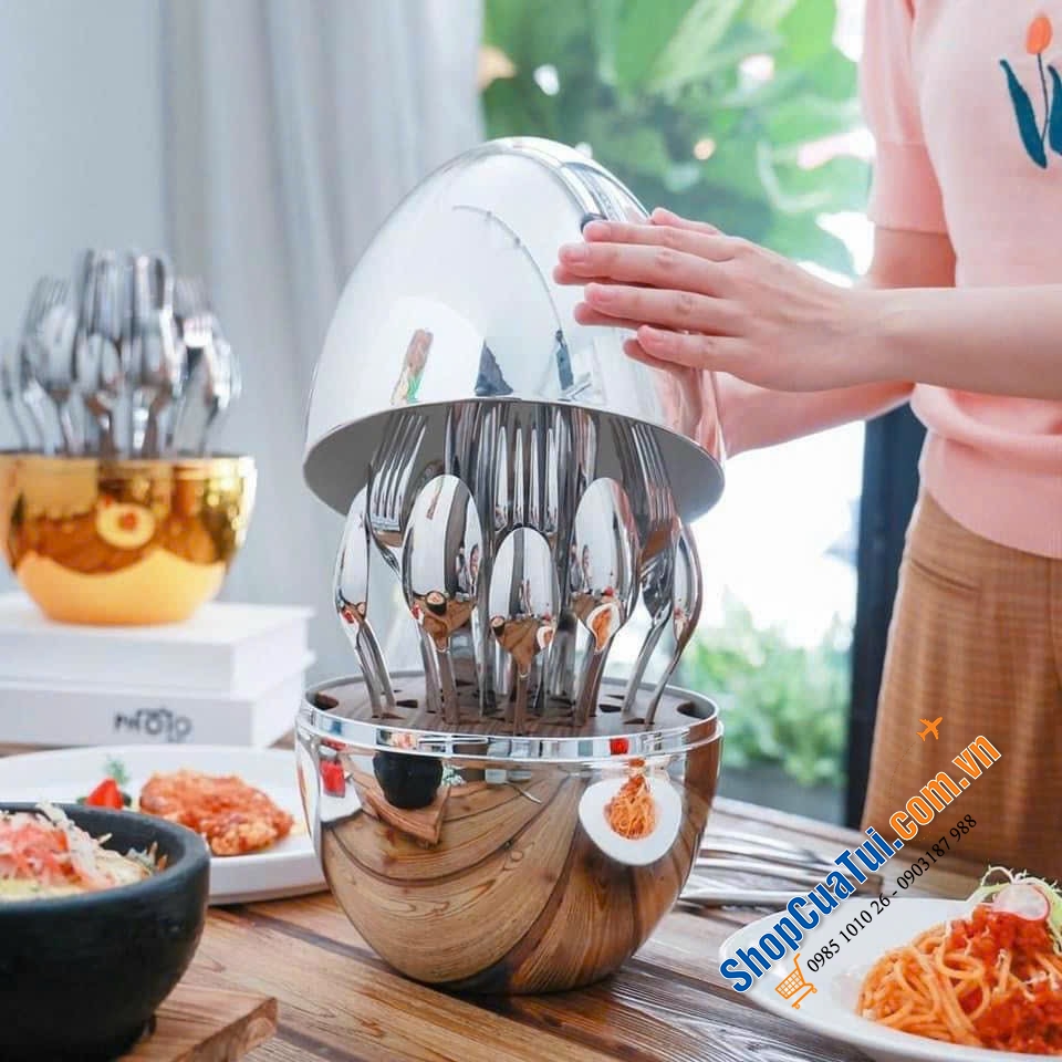 BỘ DAO THÌA DĨA 24 MÓN HÌNH QUẢ TRỨNG MOOD GIFT màu inox, màu đồng