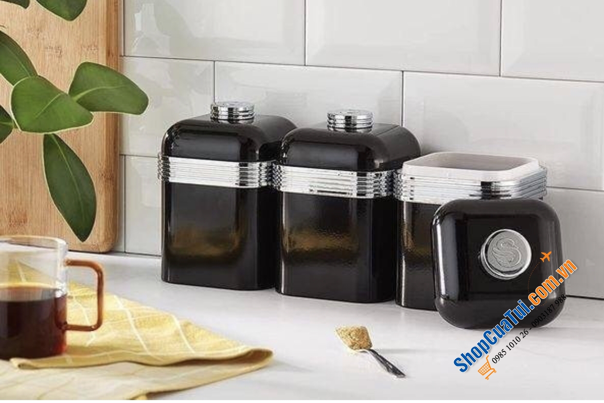 Set hộp đựng cafe, trà và đường Swan màu đen siêu hiếm