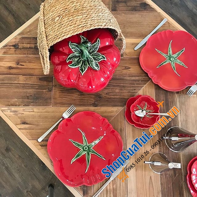 Set 4 đĩa cà chua BORDALLO 21cm bằng đất nung vẽ tay đầy sinh động