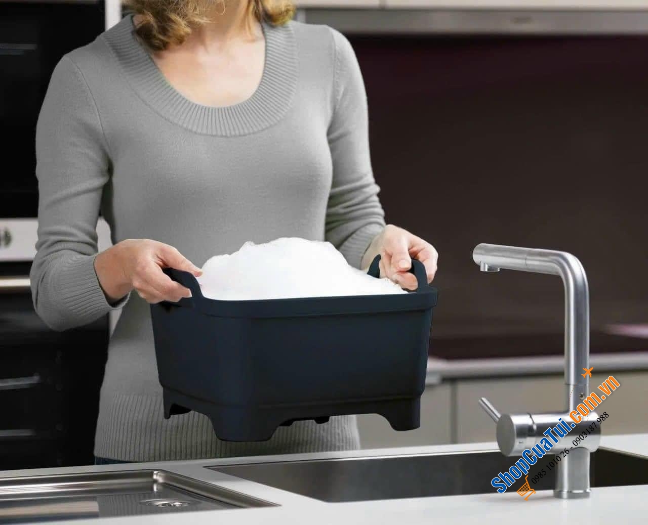 BỒN RỬA DI ĐỘNG JOSEPH JOSEPH WASH&DRAIN -  màu xanh đen - màu trắng.