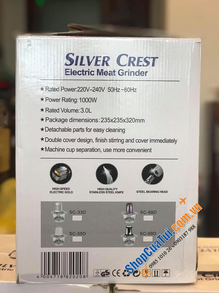 MÁY XAY THỊT SILVERCREST SC-66D công suất lớn 1000w, dao 4 lưỡi, dung tích cối 3 lít