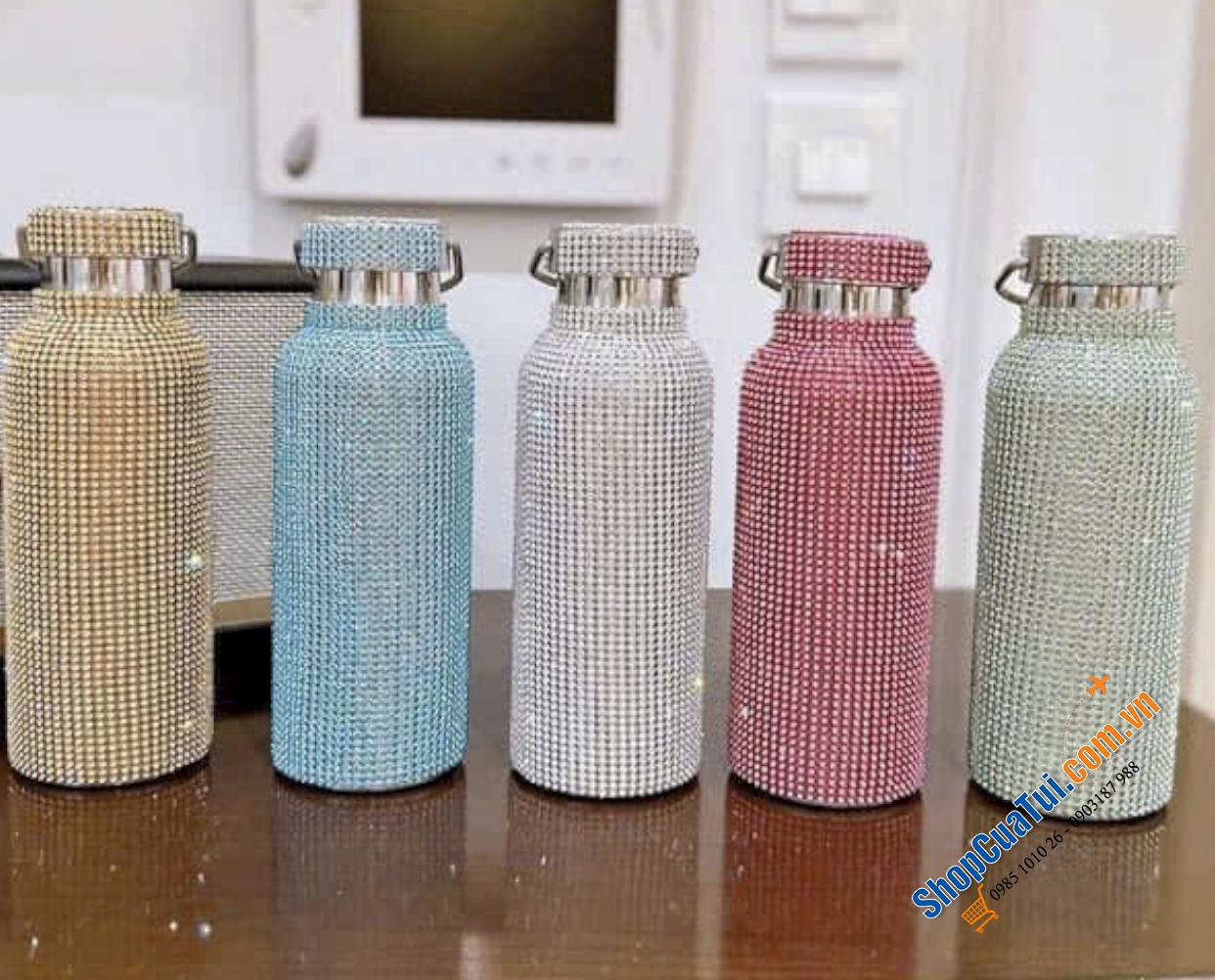 Bình giữ nhiệt Tessco phủ vân Diamond kim cương kèm dây đeo siêu lấp lánh 500ml vừa thời trang vừa tiện dụng