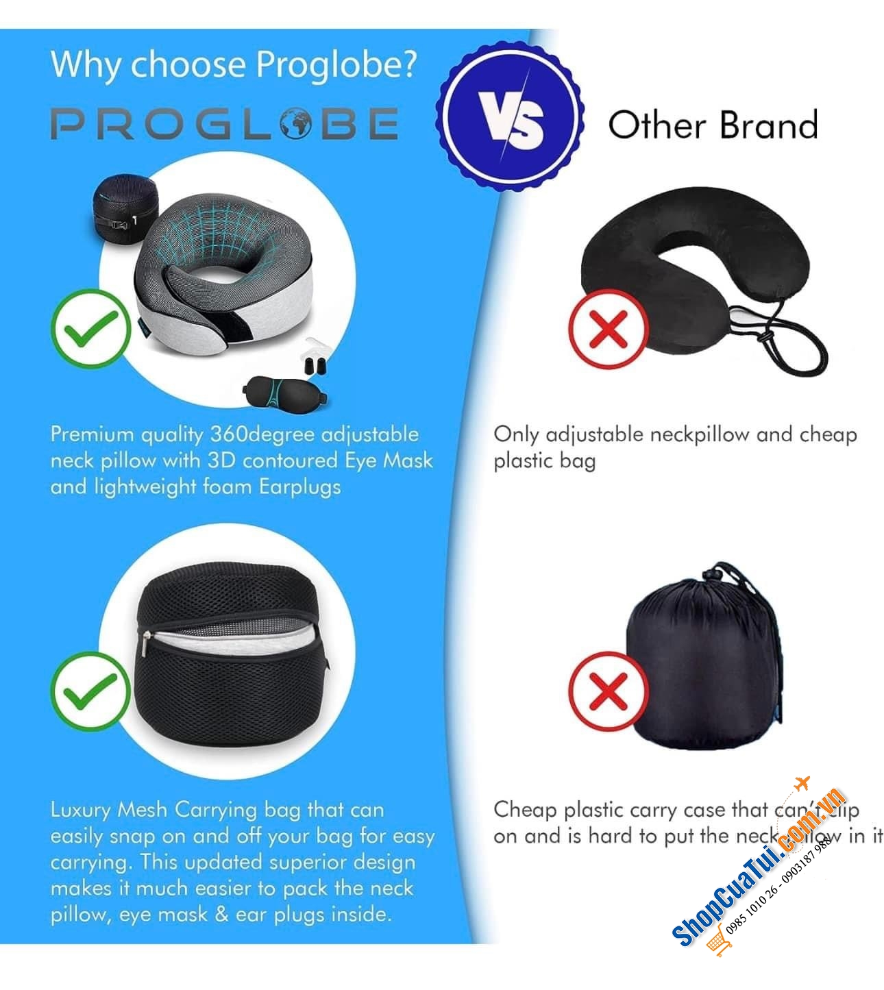 TRỌN BỘ GỐI DU LỊCH KÈM BĂNG BỊT MẮT VÀ BỊT TAI PROGLOBE.