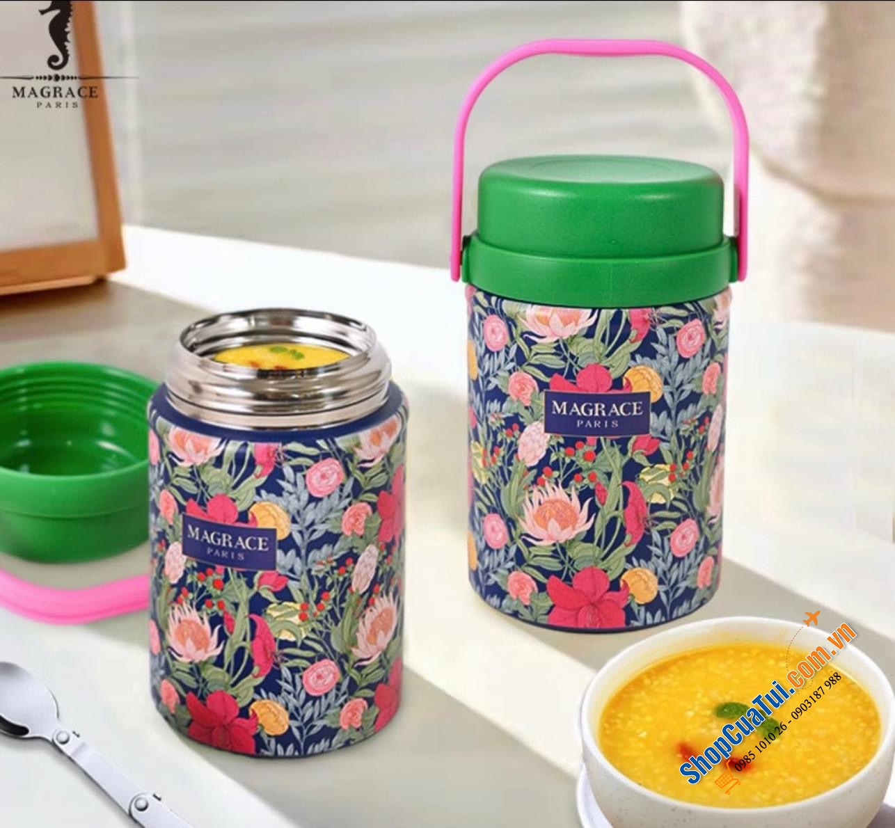 Cặp lồng đựng cơm, cháo Magrace Paris, dung tích 520ml, giữ nóng 24h siêu xinh, vật liệu inox 316 cực kỳ cao cấp, được tặng 1 thìa đi kèm