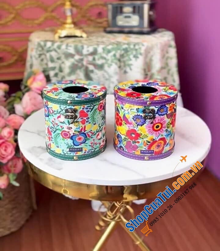 Hộp đựng giấy MAGRACE PARIS hình trụ tròn 14,5cm dáng Vintage phong cách cổ điển - Hoạ tiết hoa lá nhiệt đới đậm chất hội hoạ Châu Âu, vừa tinh tế vừa lãng mạn, có 3 mẫu