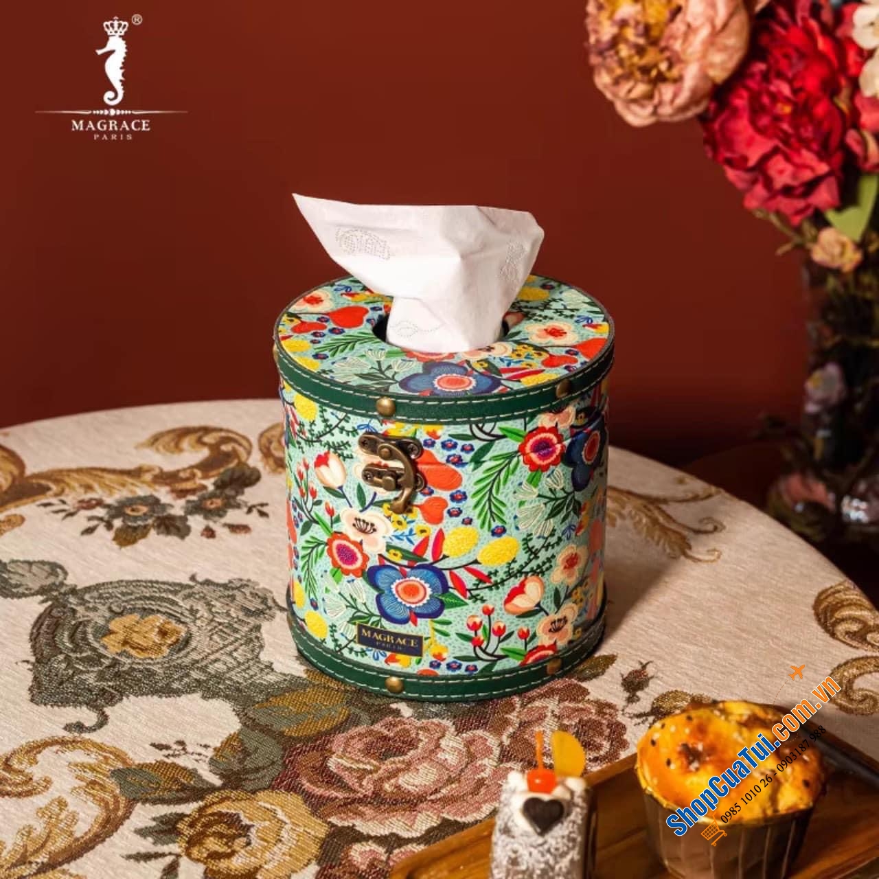 Hộp đựng giấy MAGRACE PARIS hình trụ tròn 14,5cm dáng Vintage phong cách cổ điển - Hoạ tiết hoa lá nhiệt đới đậm chất hội hoạ Châu Âu, vừa tinh tế vừa lãng mạn, có 3 mẫu